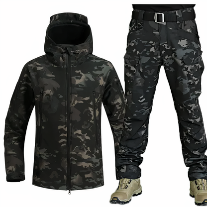Militär Outfit - Taktische wasserdichte Outdoor Jacke und Hose für Männer-Schwarz Camo-S-Chaps Herrenmode