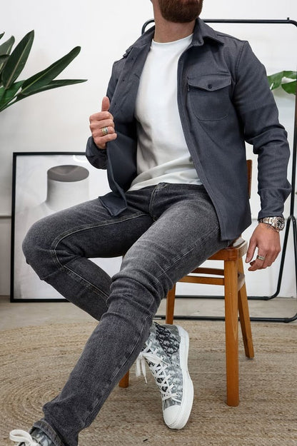 Overshirt – Herrenjacke mit Umlegekragen und Knöpfen, mit Taschen-Grau-S-Chaps Herrenmode