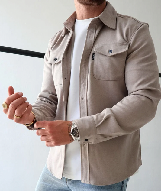 Overshirt – Langärmeliges Herrenhemd Mit Knopfleiste Und Brusttaschen-Beige-XS-Chaps Herrenmode