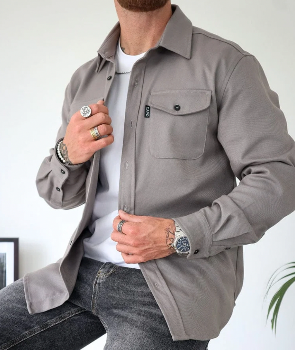 Overshirt – Langärmeliges Herrenhemd Mit Knopfleiste Und Brusttaschen-Grau-XS-Chaps Herrenmode