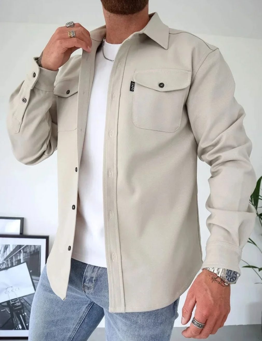 Overshirt – Langärmeliges Herrenhemd Mit Knopfleiste Und Brusttaschen-Hellbeige-XS-Chaps Herrenmode