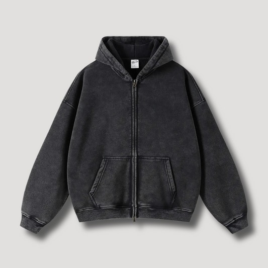 Oversized Hoodie | Reißverschluss | Washed | Zipper Hoodie | Hoodie für Männer-Schwarz-XS-Chaps Herrenmode