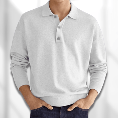 Polo-Sweatshirt – Halbe Knopfleiste – Langärmlig – Pullover – Herrenbekleidung-Weiß-S-Chaps Herrenmode