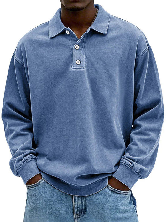 Polo Sweatshirt - Kragen - Gewaschen - Oversized Pullover - Herrenbekleidung-Blau-S-Chaps Herrenmode