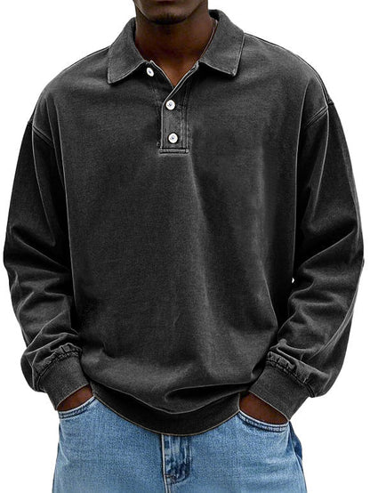 Polo Sweatshirt - Kragen - Gewaschen - Oversized Pullover - Herrenbekleidung-Schwarz-S-Chaps Herrenmode