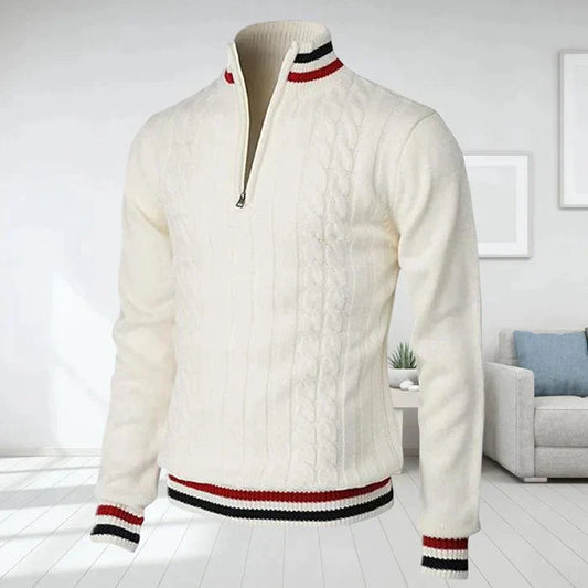 Polo-Sweatshirt – gestrickt – V-Ausschnitt – mit halbem Reißverschluss – Winterkleidung für Herren-Weiß-S-Chaps Herrenmode