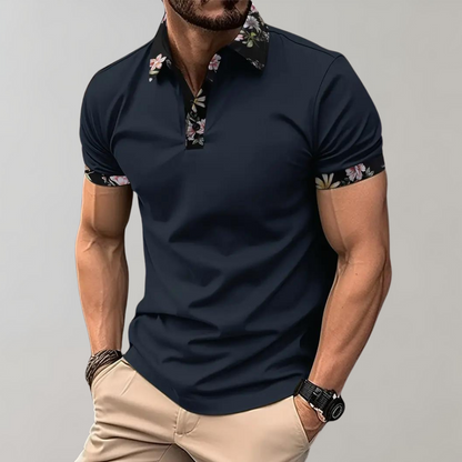 Polo-T-Shirt | Blumenmuster | Kurzarm | Polohemden | Herrenbekleidung-Marineblau-S-Chaps Herrenmode