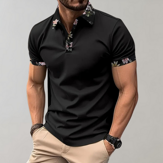 Polo-T-Shirt | Blumenmuster | Kurzarm | Polohemden | Herrenbekleidung-Schwarz-S-Chaps Herrenmode