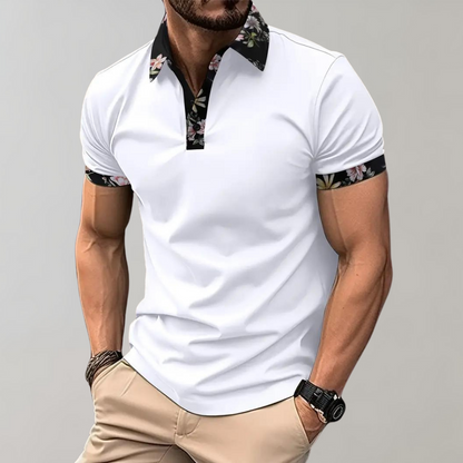 Polo-T-Shirt | Blumenmuster | Kurzarm | Polohemden | Herrenbekleidung-Weiß-S-Chaps Herrenmode
