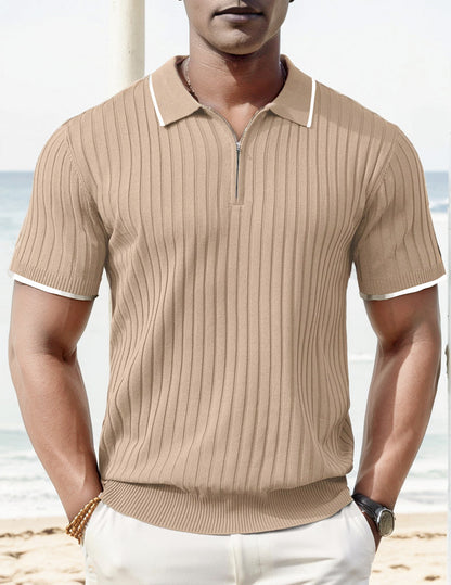 Polo-T-Shirt - Halb-Reißverschluss - Kurzarm - Geripptes Polo-Shirt - Gestricktes Polo-T-Shirt-Khaki-M-Chaps Herrenmode