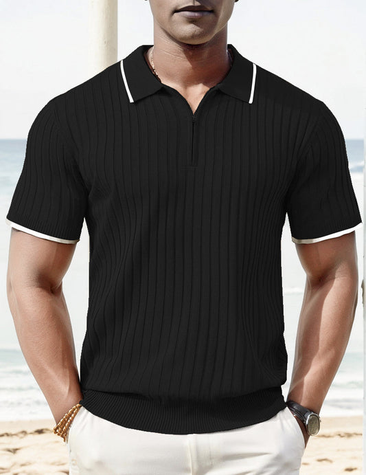 Polo-T-Shirt - Halb-Reißverschluss - Kurzarm - Geripptes Polo-Shirt - Gestricktes Polo-T-Shirt-Schwarz-M-Chaps Herrenmode
