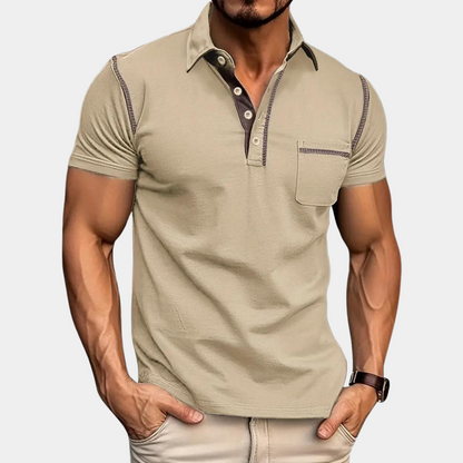 Polo T-Shirt - Herren Kurzarm-Poloshirt mit Knopfleiste und Brusttasche-Khaki-S-Chaps Herrenmode