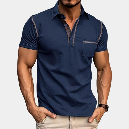 Polo T-Shirt - Herren Kurzarm-Poloshirt mit Knopfleiste und Brusttasche-Marineblau-S-Chaps Herrenmode