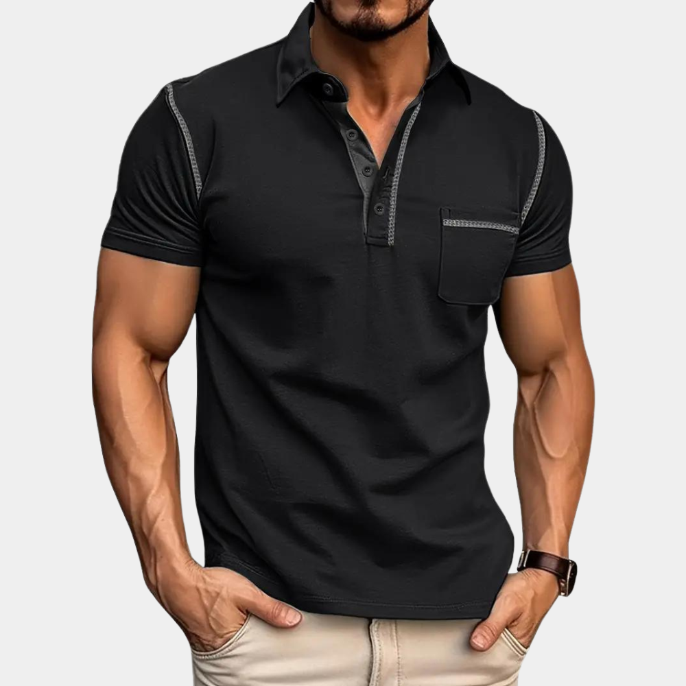 Polo T-Shirt - Herren Kurzarm-Poloshirt mit Knopfleiste und Brusttasche-Schwarz-S-Chaps Herrenmode