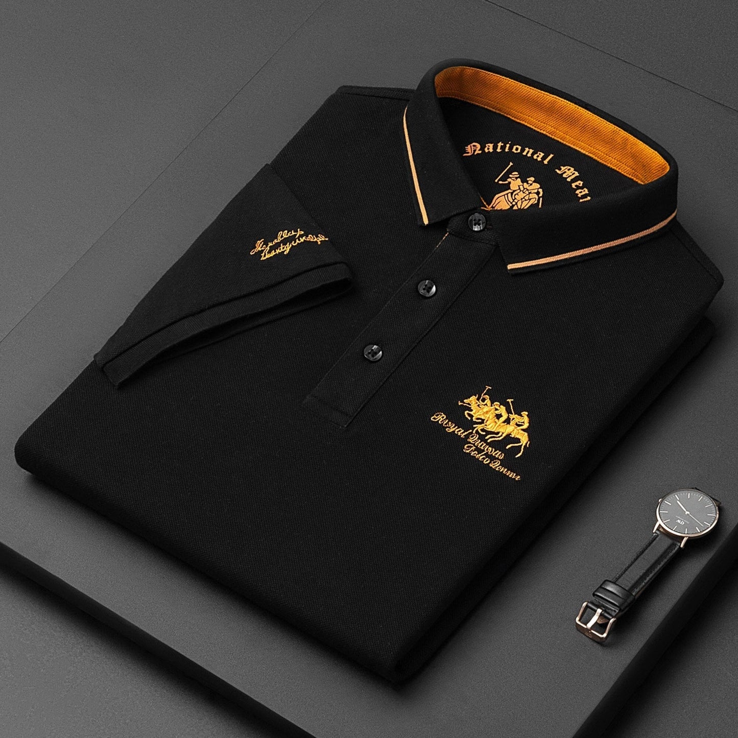 Polo-T-Shirt – Herren-Polohemd mit halben Ärmeln und Knöpfen aus Leinen-Schwarz-M-Chaps Herrenmode