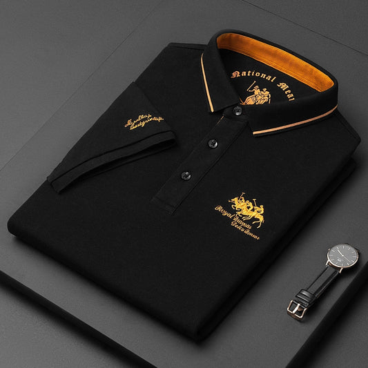 Polo-T-Shirt – Herren-Polohemd mit halben Ärmeln und Knöpfen aus Leinen-Schwarz-M-Chaps Herrenmode