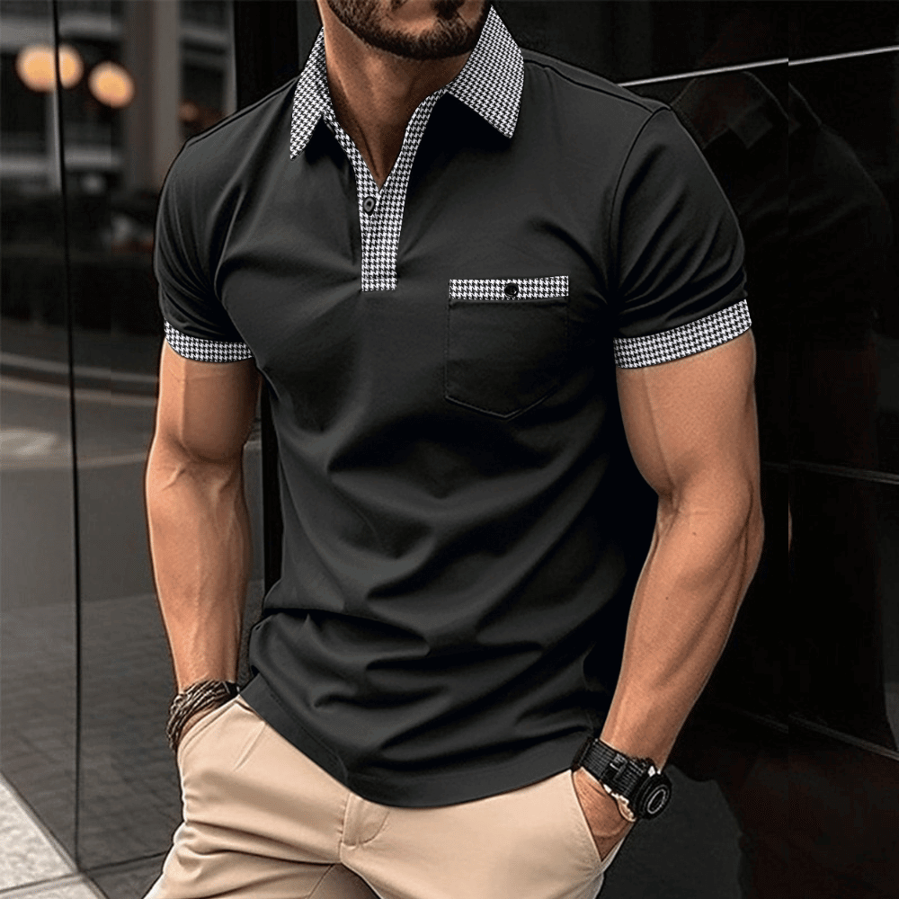 Polo-T-Shirt | Kurzarm | Brusttasche | Hemd mit Kragen | Herrenhemden-Schwarz-S-Chaps Herrenmode