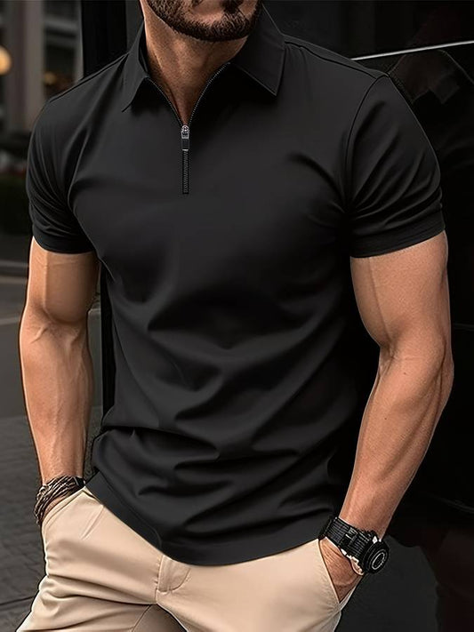 Polo-T-Shirt – Umlegekragen – Kurzarm – Reißverschluss-Polo – Herrenbekleidung-Schwarz-S-Chaps Herrenmode