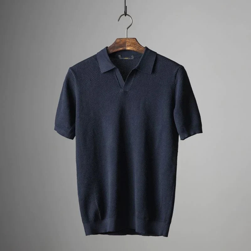 Polo-T-Shirt | V-Ausschnitt | Kurzarm | Polo ohne Knöpfe | Herrenhemden-Dunkelblau-S-Chaps Herrenmode