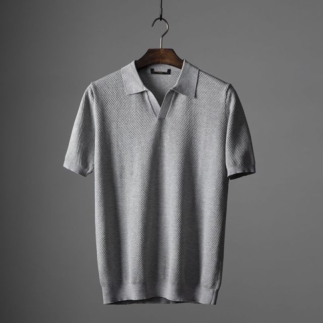 Polo-T-Shirt | V-Ausschnitt | Kurzarm | Polo ohne Knöpfe | Herrenhemden-Grau-S-Chaps Herrenmode