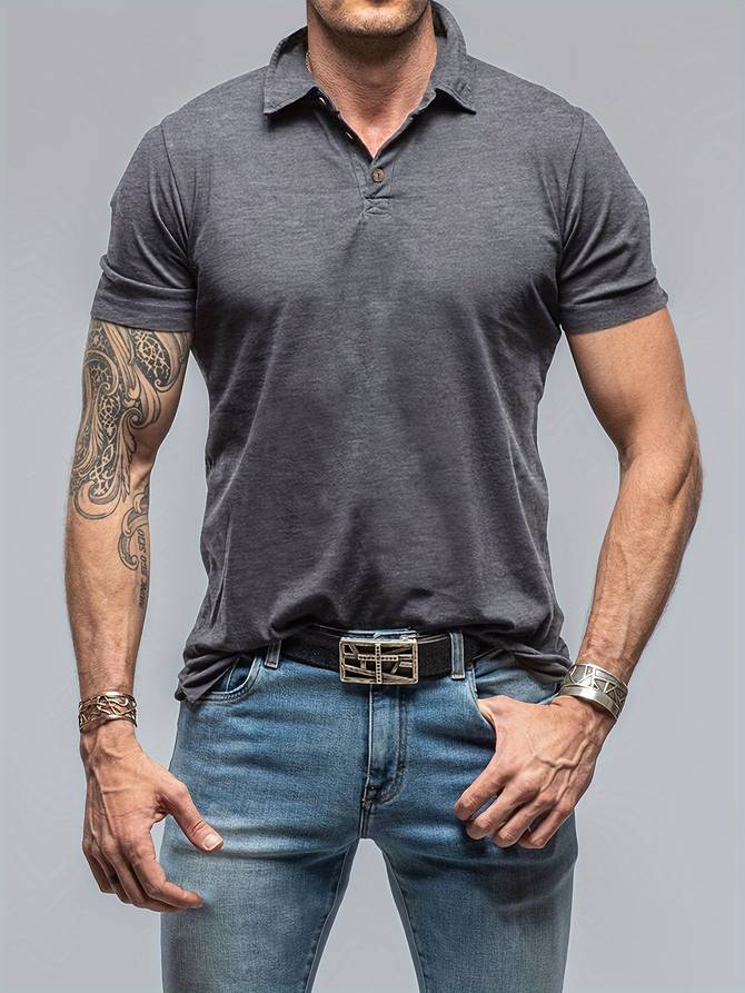Polo Tee Shirt - Kurzarm - Halbknopf - Polohemden - Herrenhemden-Grau-S-Chaps Herrenmode