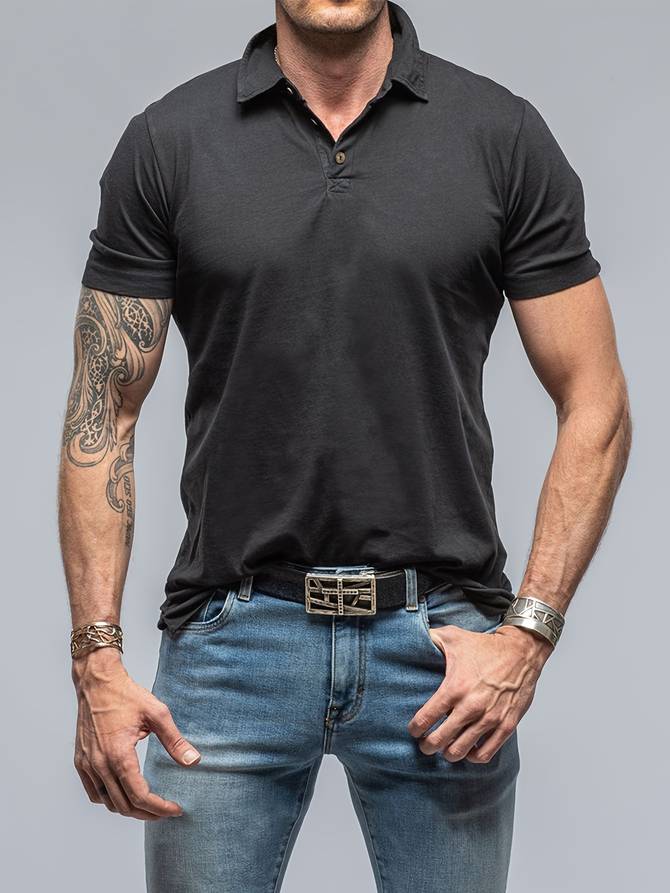 Polo Tee Shirt - Kurzarm - Halbknopf - Polohemden - Herrenhemden-Schwarz-S-Chaps Herrenmode