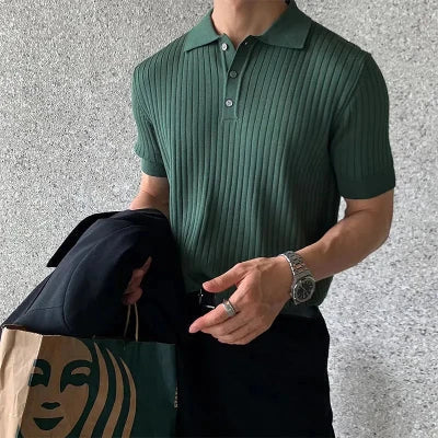 Polohemd | Button-up-Kragen | Umgeschlagener Kragen | Rippstrick-T-Shirt | Herrenhemden-Grün-S-Chaps Herrenmode