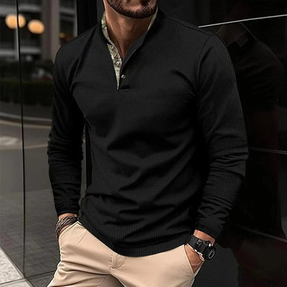 Polohemd – Freizeithemd – Langarm-Polohemd mit halben Knöpfen – Herrenhemden-Schwarz-S-Chaps Herrenmode