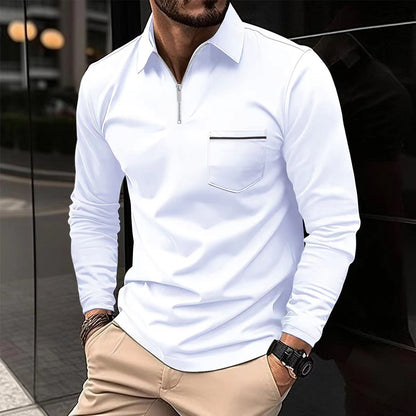 Polohemd - Halber Knopf - Umlegekragen - Langärmeliges Polohemd - Herrenhemden-Weiß-XS-Chaps Herrenmode