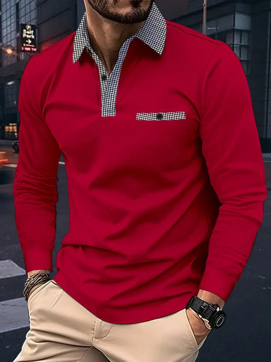 Polohemd - Halber Knopf - Umlegekragen - Langärmeliges Polohemd - Herrenhemden-Ziegelrot-XS-Chaps Herrenmode