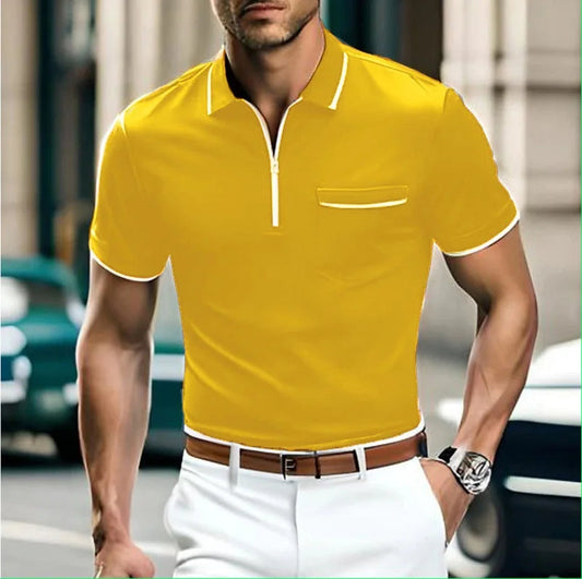 Polohemd - Halber Reißverschluss - Brusttasche - Polo T-Shirt - Herrenhemd-Gelb-S-Chaps Herrenmode