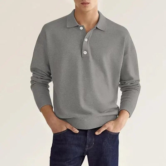 Polohemd | Halbgeknöpft | Normale Passform | Langarm-Polo | Polopullover-Grau-S-Chaps Herrenmode