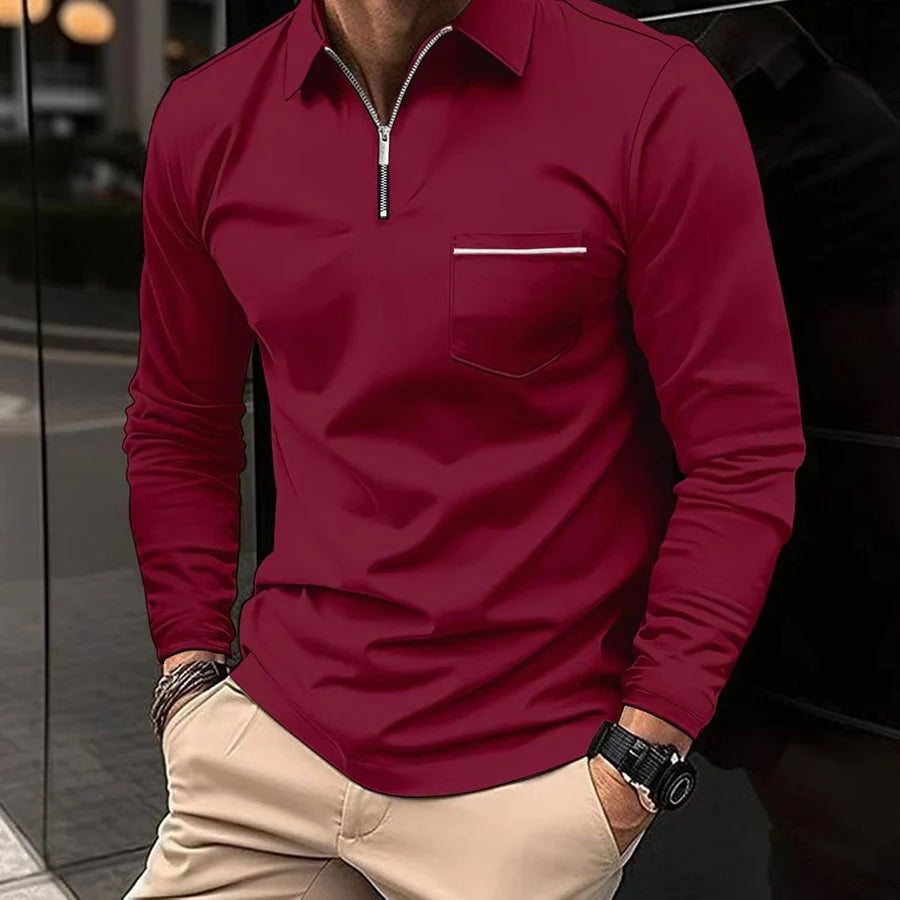 Polohemd | Kurzarm | Brusttasche | Langarm-Polo | Herrenhemden-Rot-S-Chaps Herrenmode