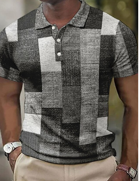 Polohemd | Patchwork | Button-Up | Kurzarmhemd | Polohemden für Herren-Grau-S-Chaps Herrenmode