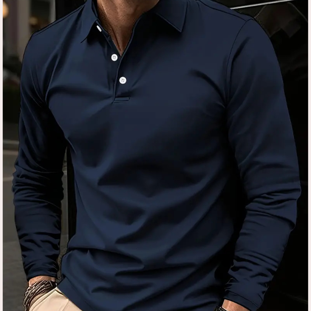 Polohemd - Quarter Button-Up - Kragen - Langarm-Polo - Herrenbekleidung-Marineblau-S-Chaps Herrenmode