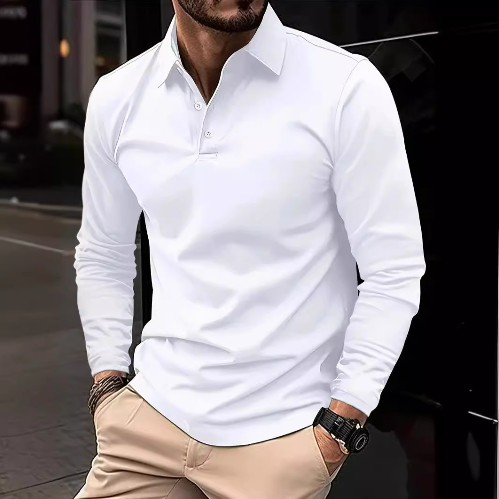 Polohemd - Quarter Button-Up - Kragen - Langarm-Polo - Herrenbekleidung-Weiß-S-Chaps Herrenmode