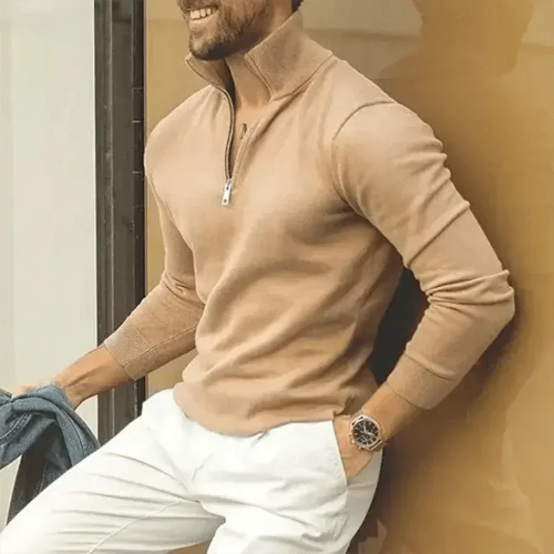 Polopullover | Langarm | Pullover | Quarter Zip Pullover | Herren Quarter Zip Pullover-Khaki-S-Chaps Herrenmode
