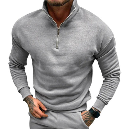 Polopullover | Lässig | Langarm | Sweatshirt mit halbem Reißverschluss | Herrenpullover mit viertel Reißverschluss-Hellgrau-S-Chaps Herrenmode