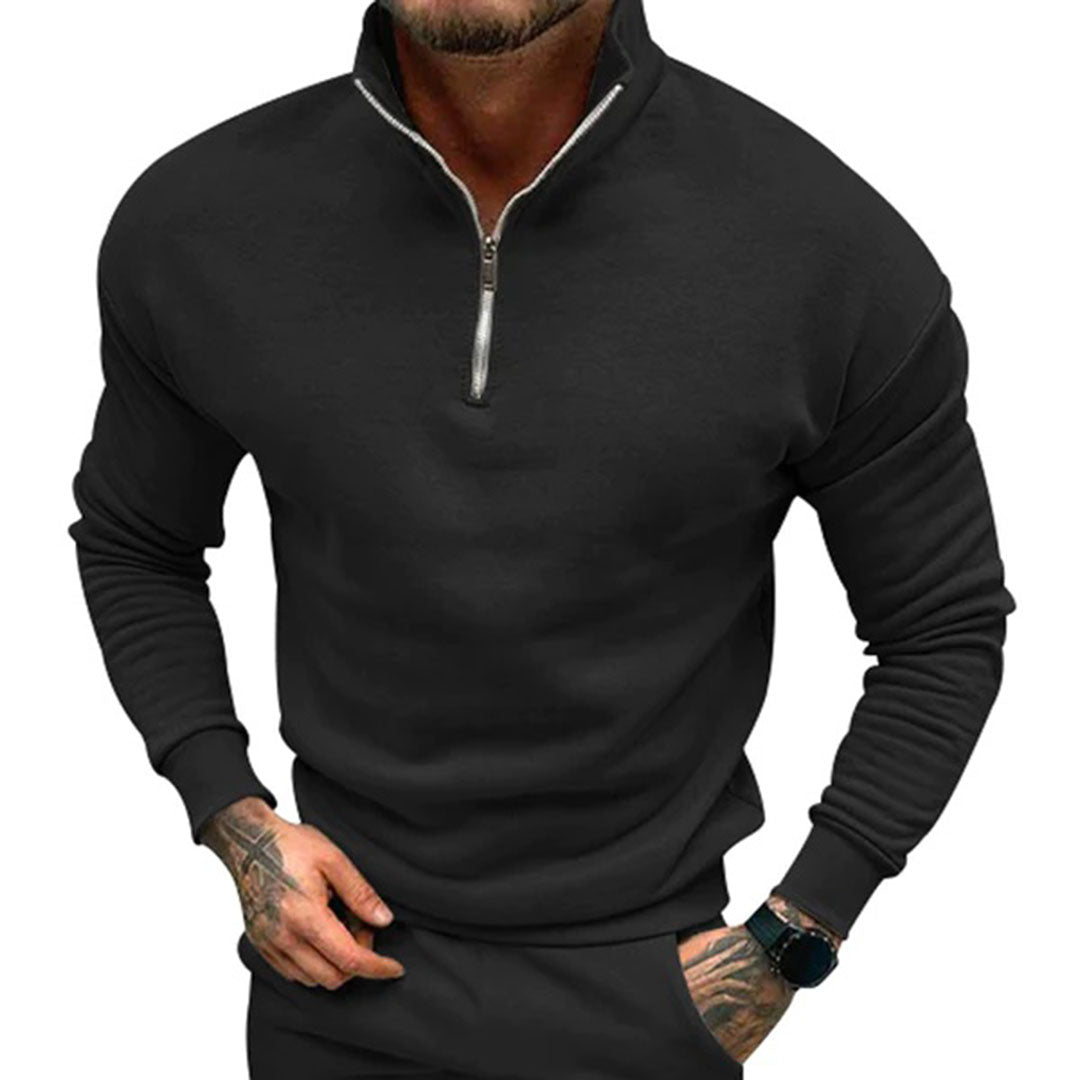 Polopullover | Lässig | Langarm | Sweatshirt mit halbem Reißverschluss | Herrenpullover mit viertel Reißverschluss-Schwarz-S-Chaps Herrenmode