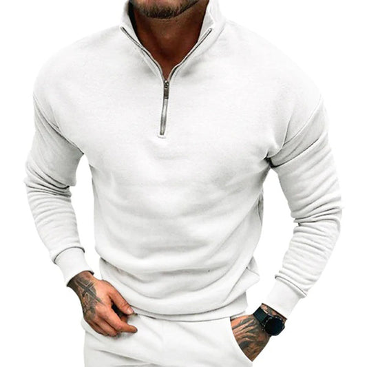 Polopullover | Lässig | Langarm | Sweatshirt mit halbem Reißverschluss | Herrenpullover mit viertel Reißverschluss-Weiß-S-Chaps Herrenmode