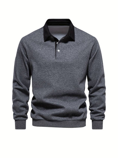 Poloshirt | Umlegekragen | Viertel-Knopfleiste | Langarm-Poloshirts | Herrenhemden-Grau-S-Chaps Herrenmode