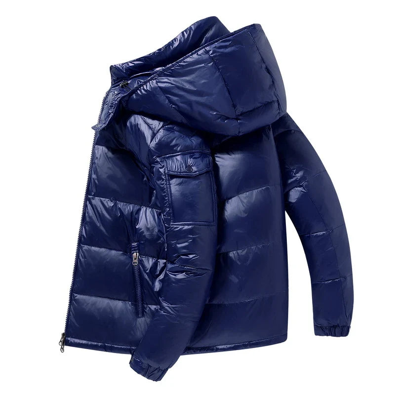 Puffer Jacke | Kurz | Mit Kapuze | Glänzende Herren-Daunenjacke | Winterjacke für Herren-Blau-M-Chaps Herrenmode