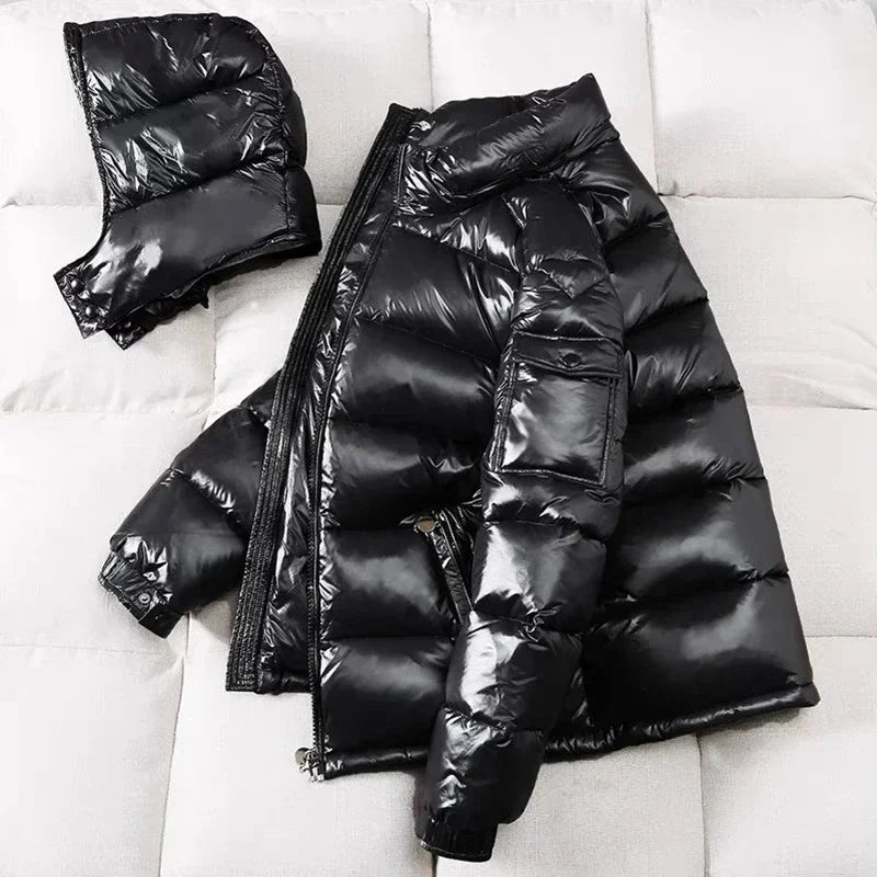 Puffer Jacke | Kurz | Mit Kapuze | Glänzende Herren-Daunenjacke | Winterjacke für Herren-Chaps Herrenmode