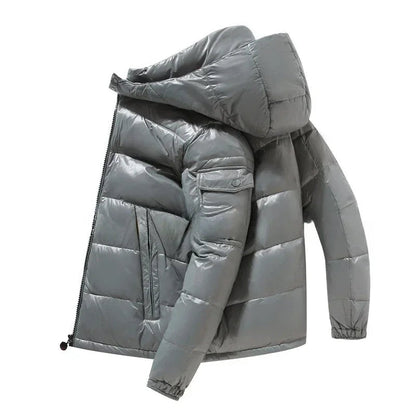 Puffer Jacke | Kurz | Mit Kapuze | Glänzende Herren-Daunenjacke | Winterjacke für Herren-Grau-M-Chaps Herrenmode