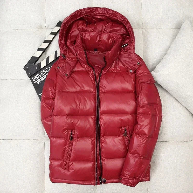 Puffer Jacke | Kurz | Mit Kapuze | Glänzende Herren-Daunenjacke | Winterjacke für Herren-Rot-M-Chaps Herrenmode