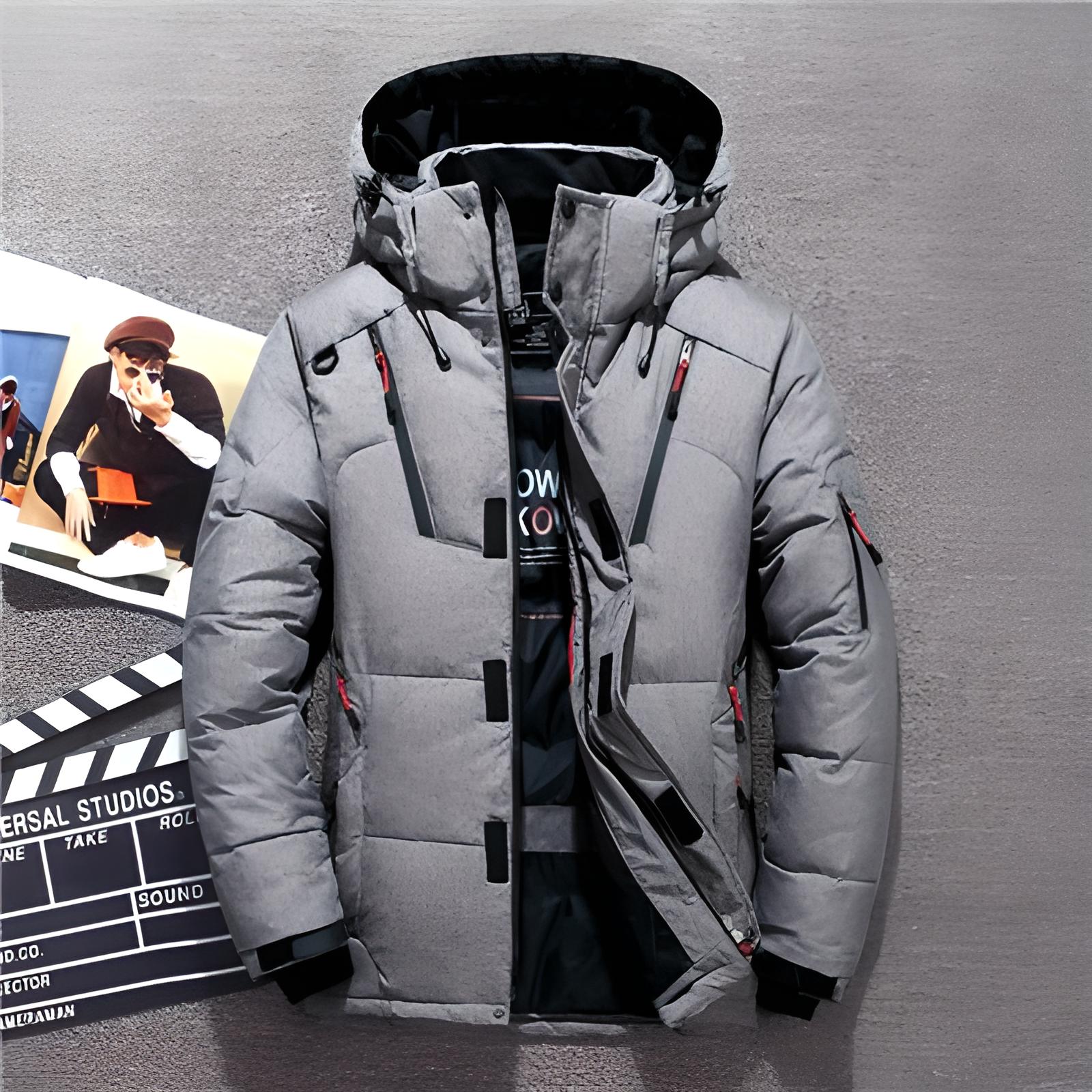 Pufferjacke - Warme Winter-Daunenjacke mit Kapuze und Reißverschluss für Männer-Grau-M-Chaps Herrenmode