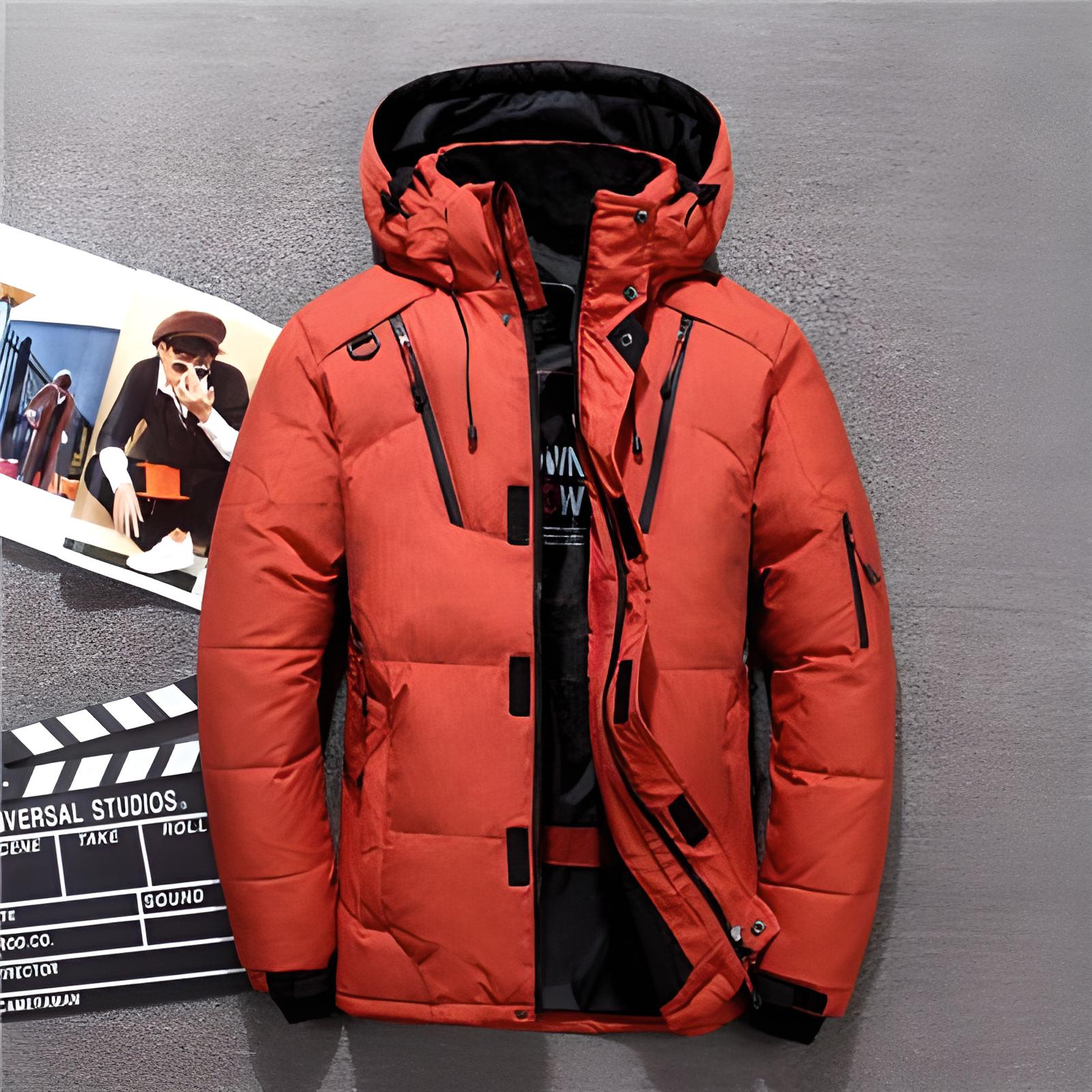 Pufferjacke - Warme Winter-Daunenjacke mit Kapuze und Reißverschluss für Männer-Orange-M-Chaps Herrenmode