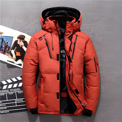 Pufferjacke - Warme Winter-Daunenjacke mit Kapuze und Reißverschluss für Männer-Orange-M-Chaps Herrenmode