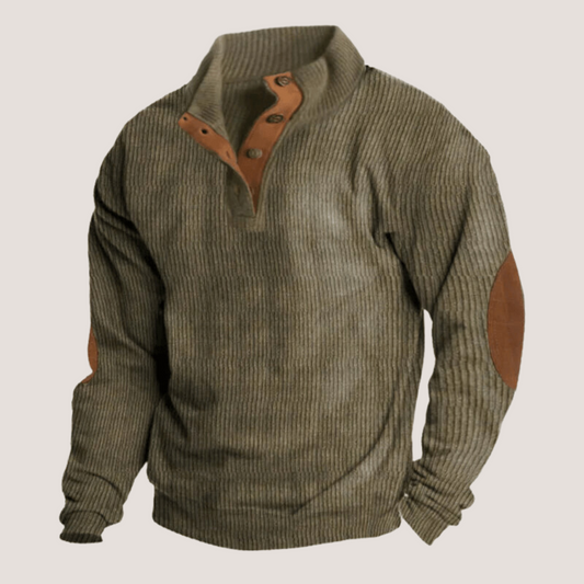Pullover | Ellbogen-Aufnäher | Viertel-Knopfleiste | Rippenpullover | Herrenbekleidung-Grün (fast ausverkauft)-S-Chaps Herrenmode