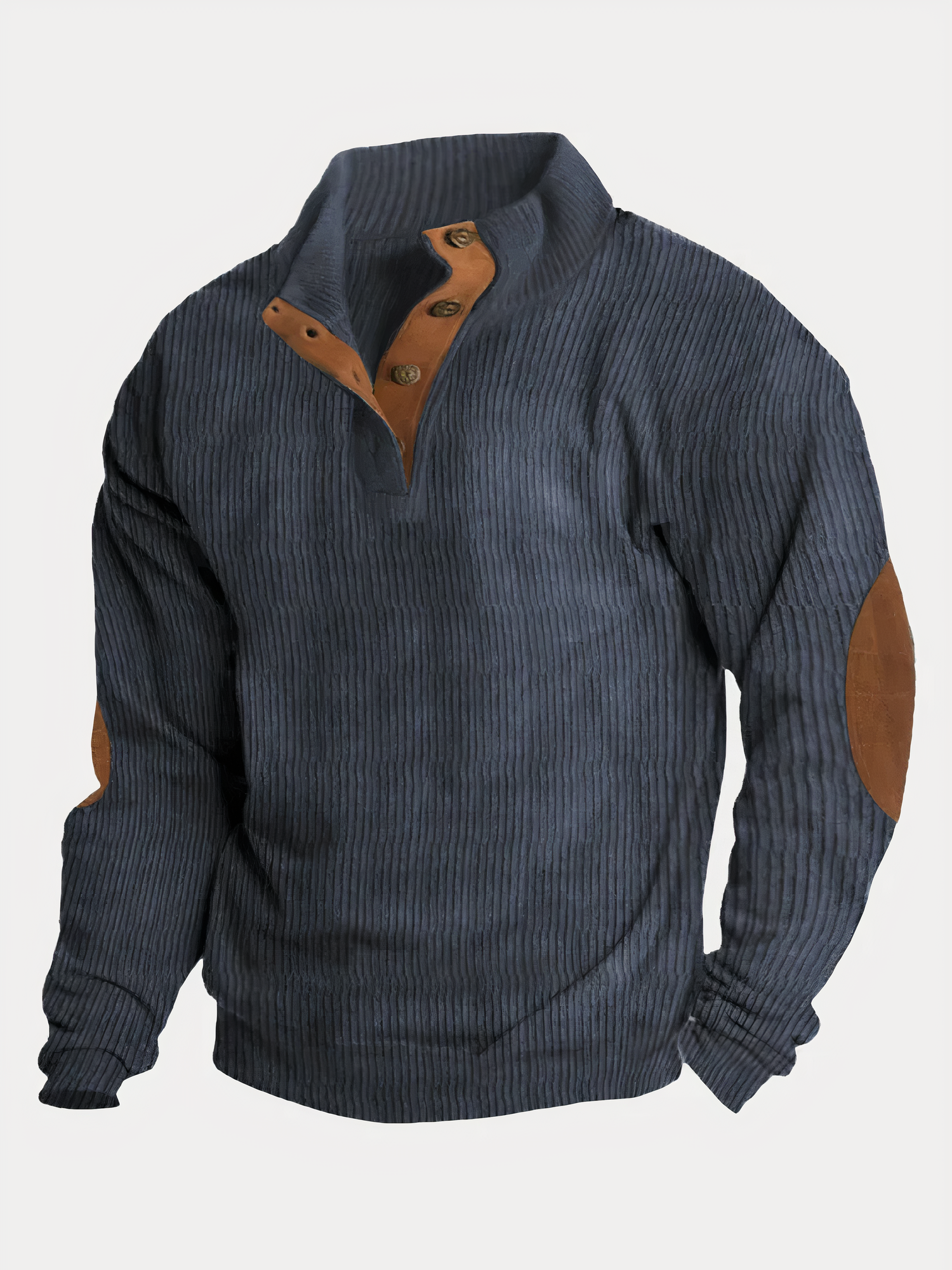Pullover - Herren Pullover mit halber Knopfleiste und Ellbogenaufnähern-Blau-S-Chaps Herrenmode